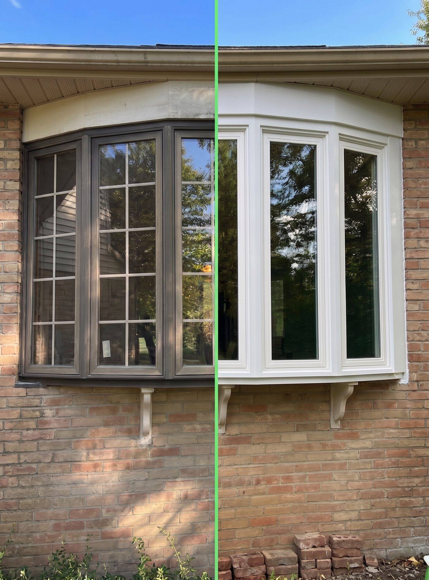 A bay window replacement, before and after — old aluminum-frame windows swapped for a white vinyl bay window.